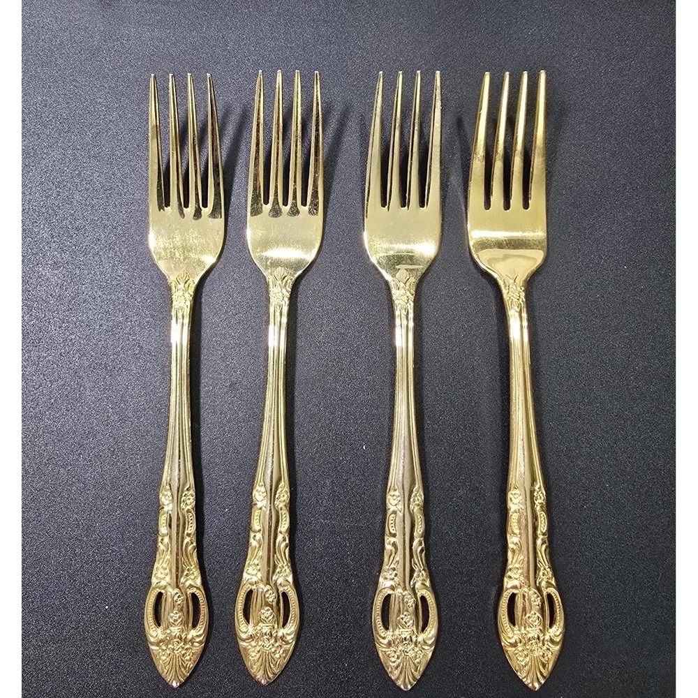 Vtg Set Of 4 Gold Tone SS Dinner Forks Hanford Forge Versailles Elegant